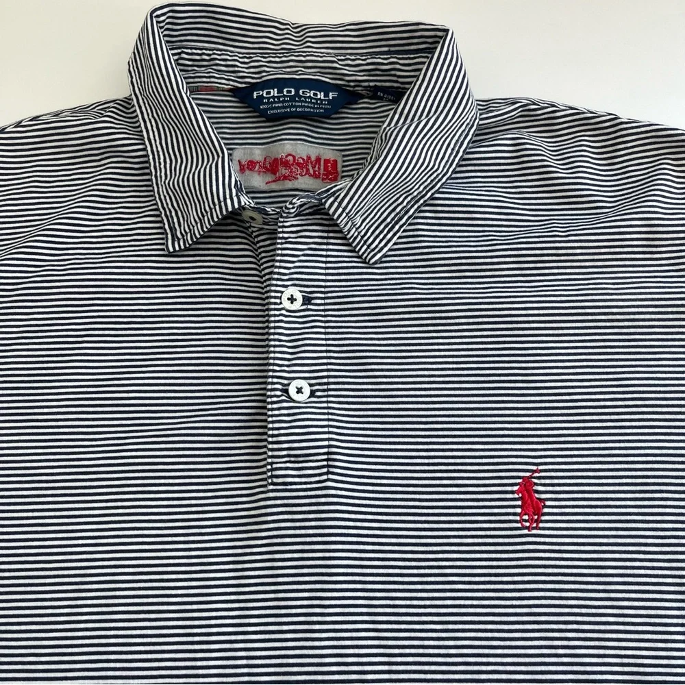 Polo Golf Ralph Lauren Men's Navy White Stripe Short Sleeve Polo Pima Cotton XL‎